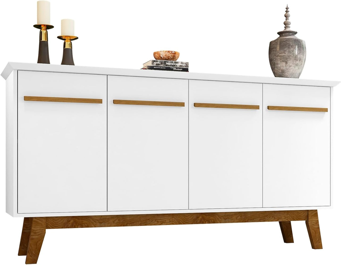 Manhattan Comfort Yonkers 63 Inch Buffet Sideboard with 2 Cabinets & Soft Close Doors, Storage Furniture with Stylish Beveled Top, Solid Wood Legs, White