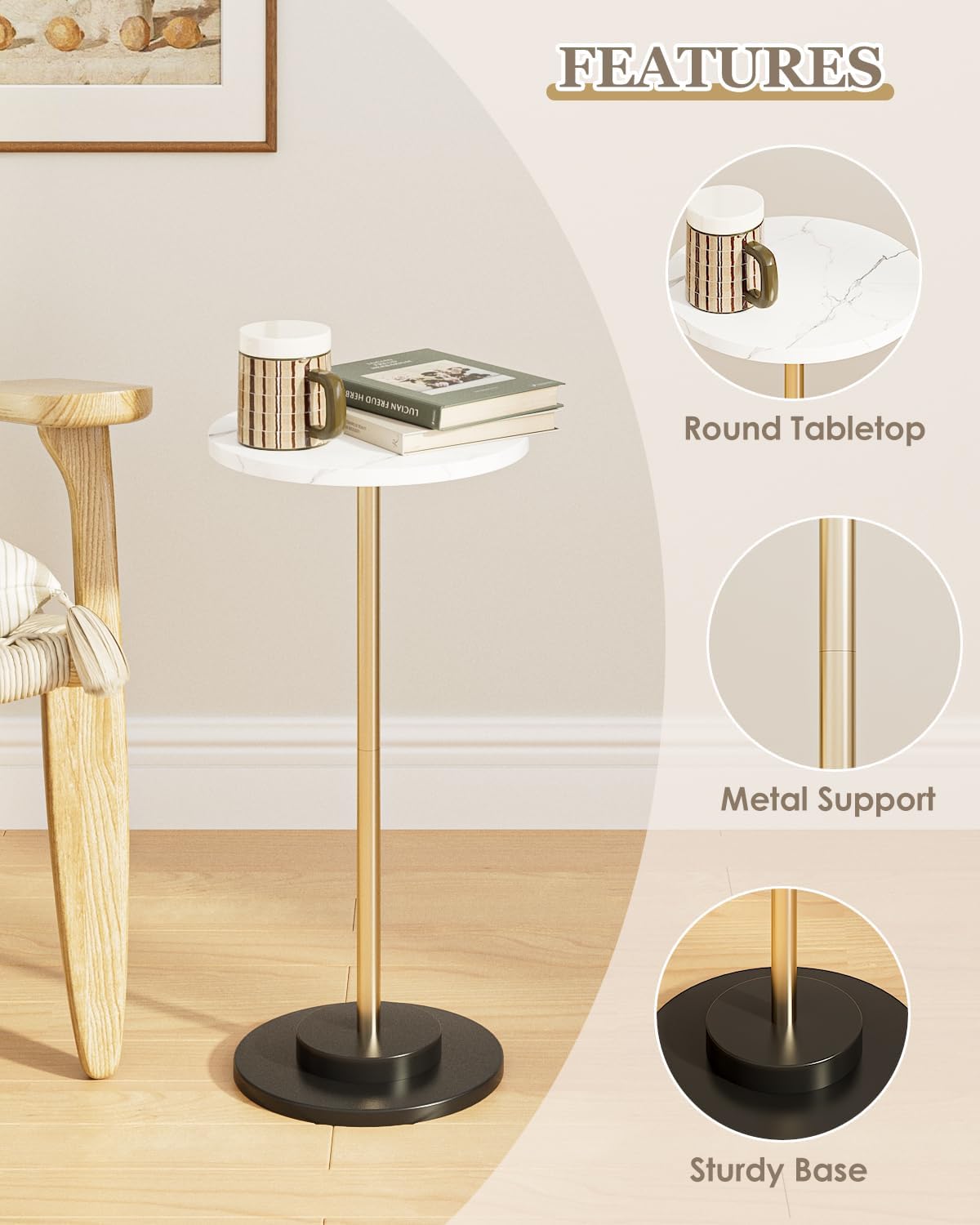 Round Side Table, Small Drink Table for Small Spaces, Modern Accent End Table Coffee Table with Metal Leg for Living Room, Bedroom, Corners, and Office (White Marble)