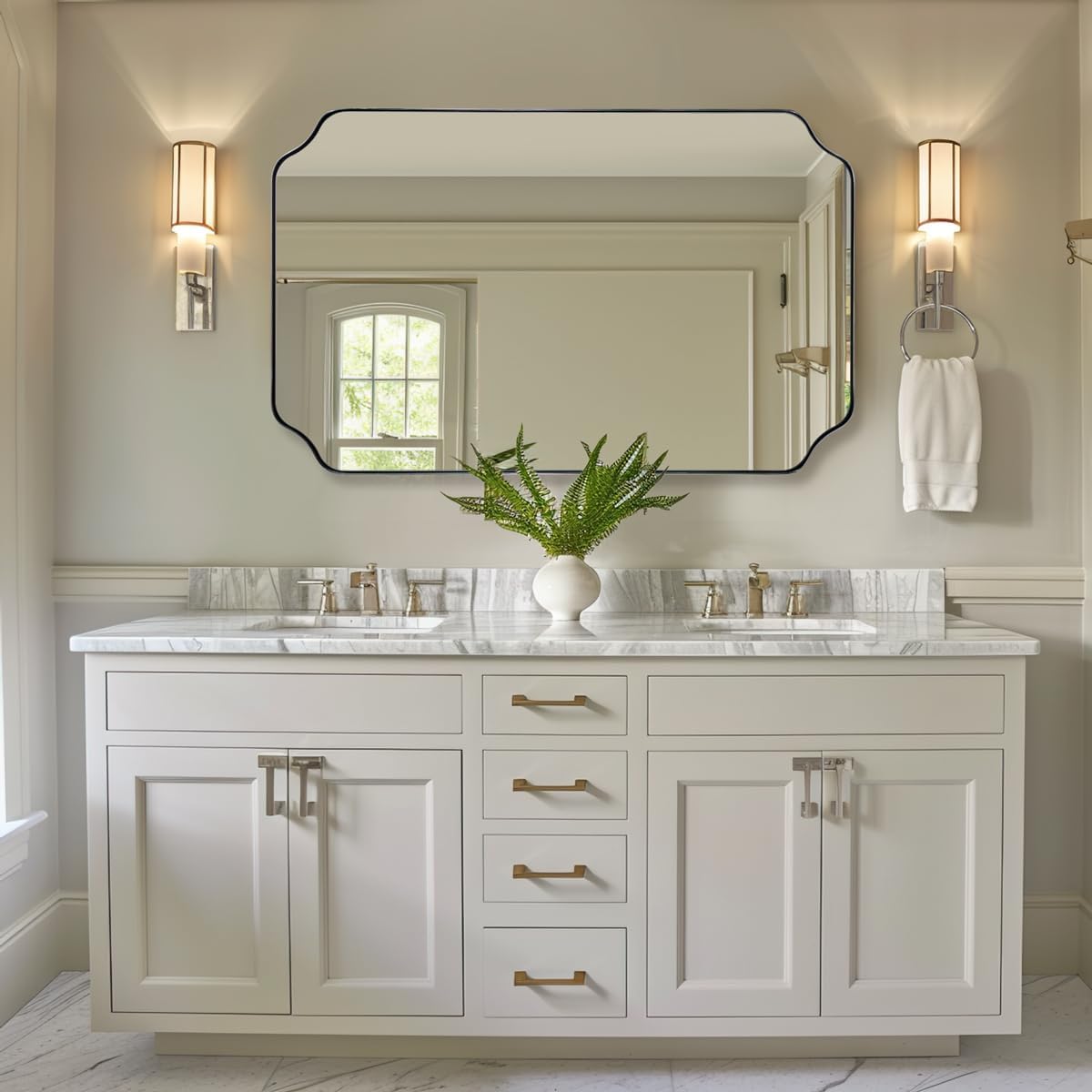 ANDY STAR 24x40 Inch Rectangle Bathroom Mirror, Brushed Nickel Scalloped Bathroom Mirror, Silver Bathroom Vanity Mirror, Unique Mirror in Rust-Proof Stainless Steel Frame (Horizontal/Vertical)