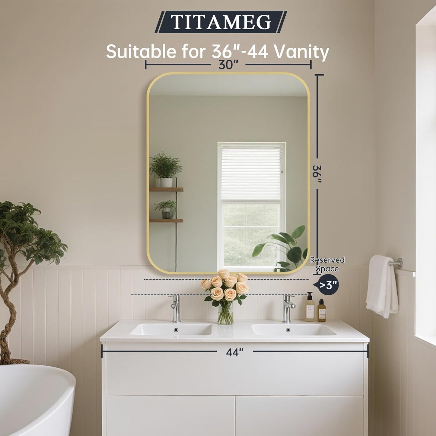 30x36 Inch Bathroom Mirror for Wall,Gold Framed Rectangle Mirror with Rounded Corner,Aluminum Alloy Framed Brushed Wall Mirror for Bedroom or Living Room,Vertical or Horizontal