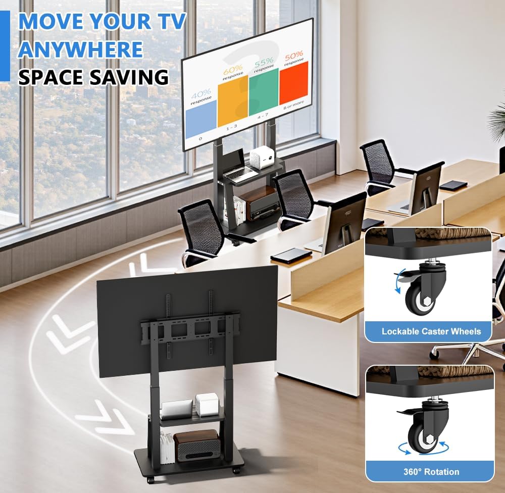 Mobile TV Cart Rolling TV Stand for 42 to 55 65 70 75 85 86 90 100 inch Television Heavy Duty Portable TV Stand on Wheels, Height Adjustment, Holds Up to 180 LBS, Vesa 200×200-900×600mm