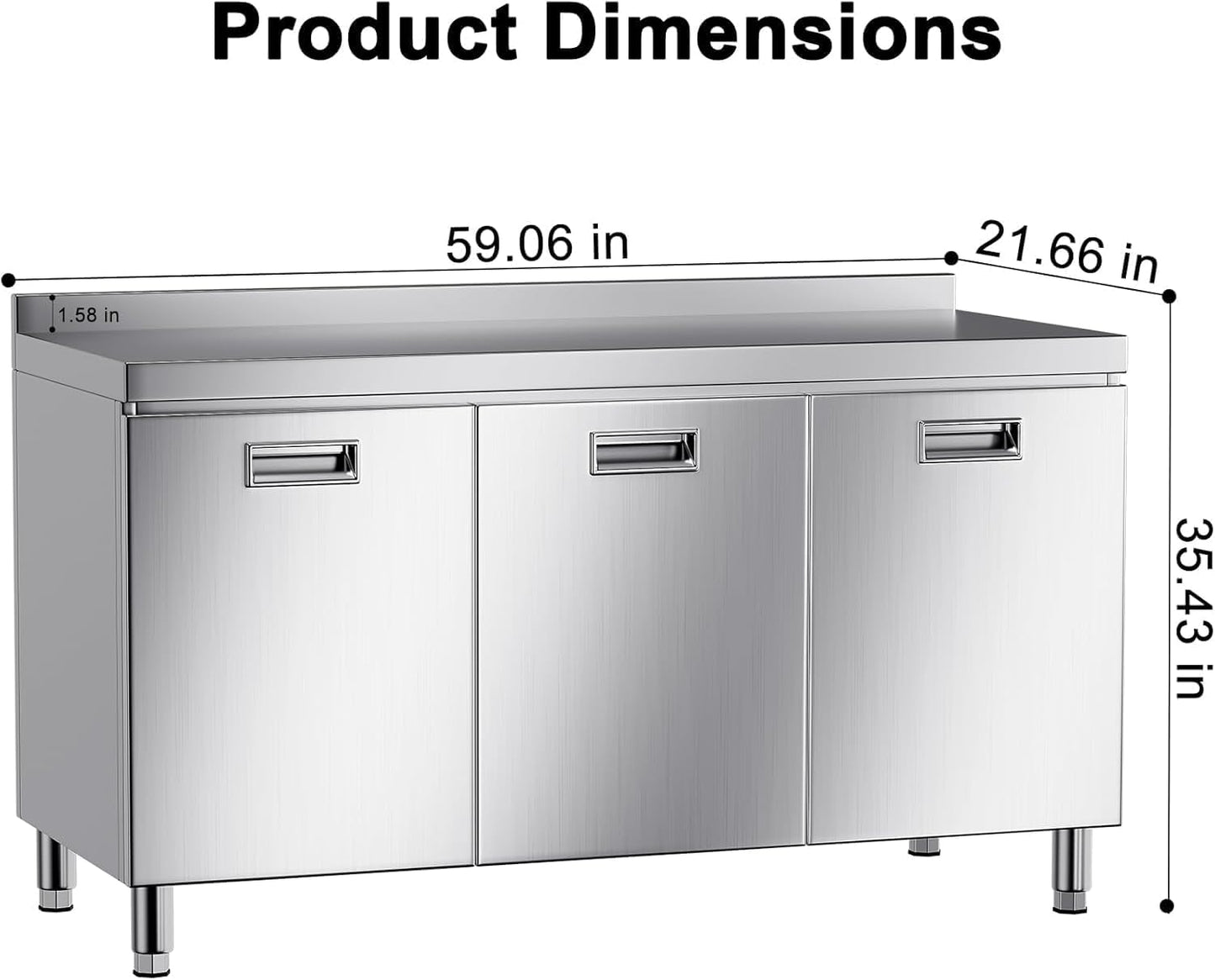 ZZV 59 inch Stainless Steel Prep Table with Storage Stainless Steel Cabinet for Prep & Work Commercial Worktable with Cabinet and 3 Doors for Kitchen, Restaurant, Hotel, Garage, Warehouse, Outdoor