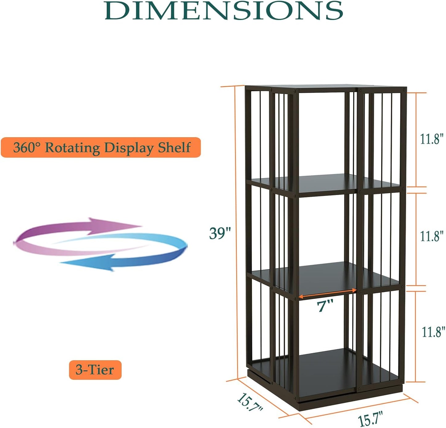 Square Rotating Bookshelf Tower - 360 Spinning Display Corner Bookcase for Narrow Space, Modern 3-Tier Revolving Storage Shelf, Black