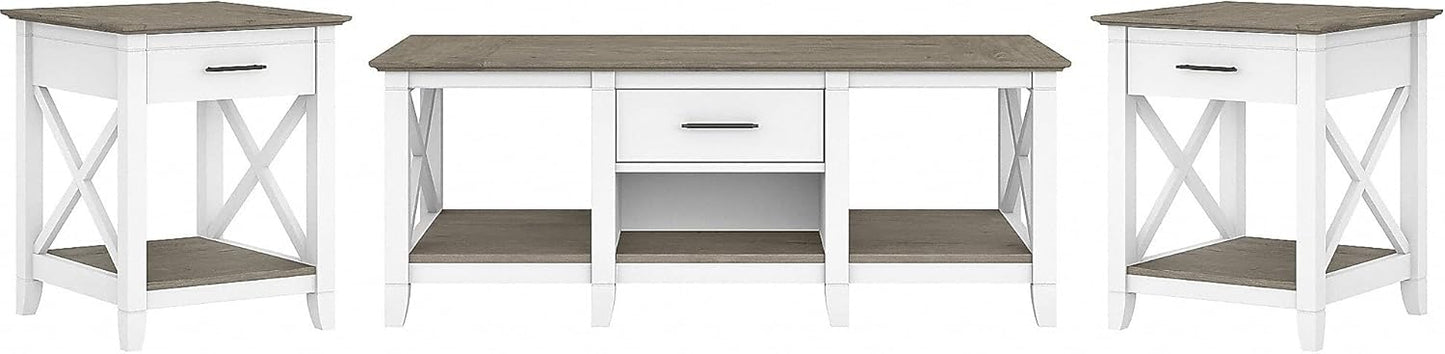 Bush Furniture Key West Coffee Table with Set of 2 End Tables in Pure White and Shiplap Gray
