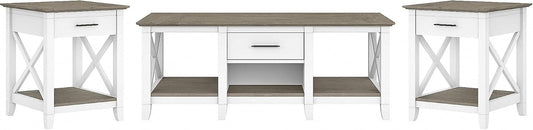 Bush Furniture Key West Coffee Table with Set of 2 End Tables in Pure White and Shiplap Gray