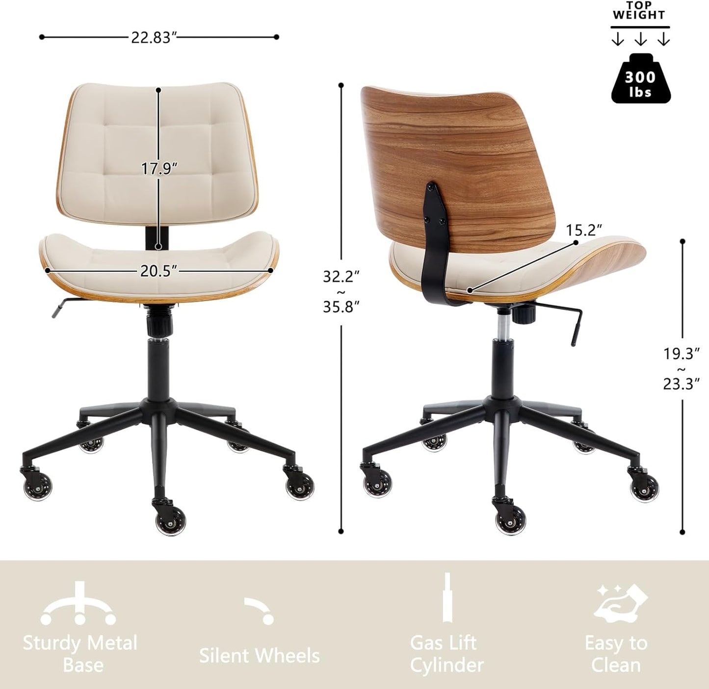 Home Office Desk Chair with Wheels, Adjustable Height Armless Office Chair, PU Leather Mid Back 360° Small Computer Chair, Modern Walnut Chair No Arms for Office, Reading Meeting Room(Beige)