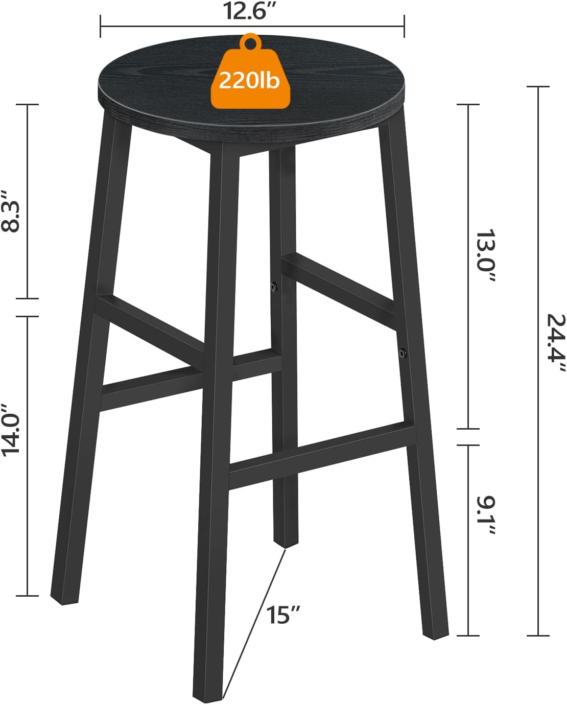 Bar Stools, Set of 2 Round Bar Chairs with Footrest, 24.4 Inch Kitchen Breakfast Bar Stools, Industrial Bar Stools, Easy Assembly, for Dining Room, Kitchen, Black BAHB0201