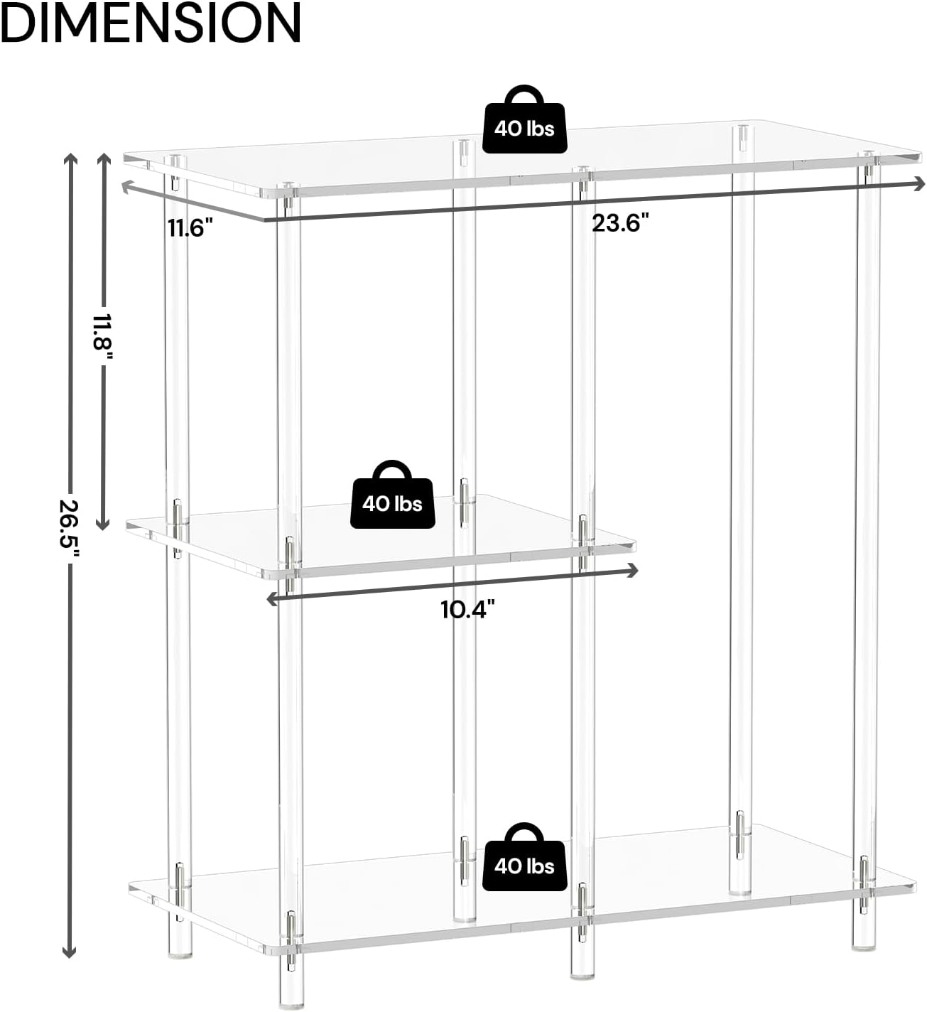 Acrylic 3-Cube Bookshelf for Small Spaces, 11.6" D x 23.6" W x 26.5" H, Clear Short Bookcase, Modern, 3-Tier Open Book Shelf for Living Room, Bedroom, Office, Easy Assembly