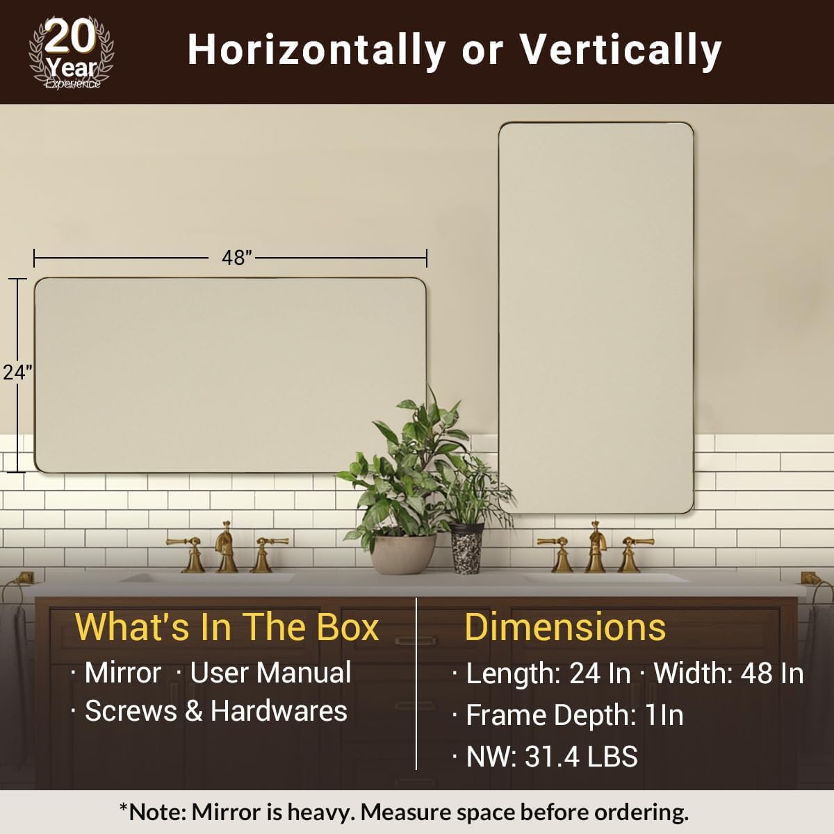 ANDY STAR Gold Bathroom Mirrors for Over Sink, 24x48 InchBrushed Gold Wall Mirror, Square Metal Framed Vanity Mirror -Modern Clean Design with Superior Stainless Steel Frame