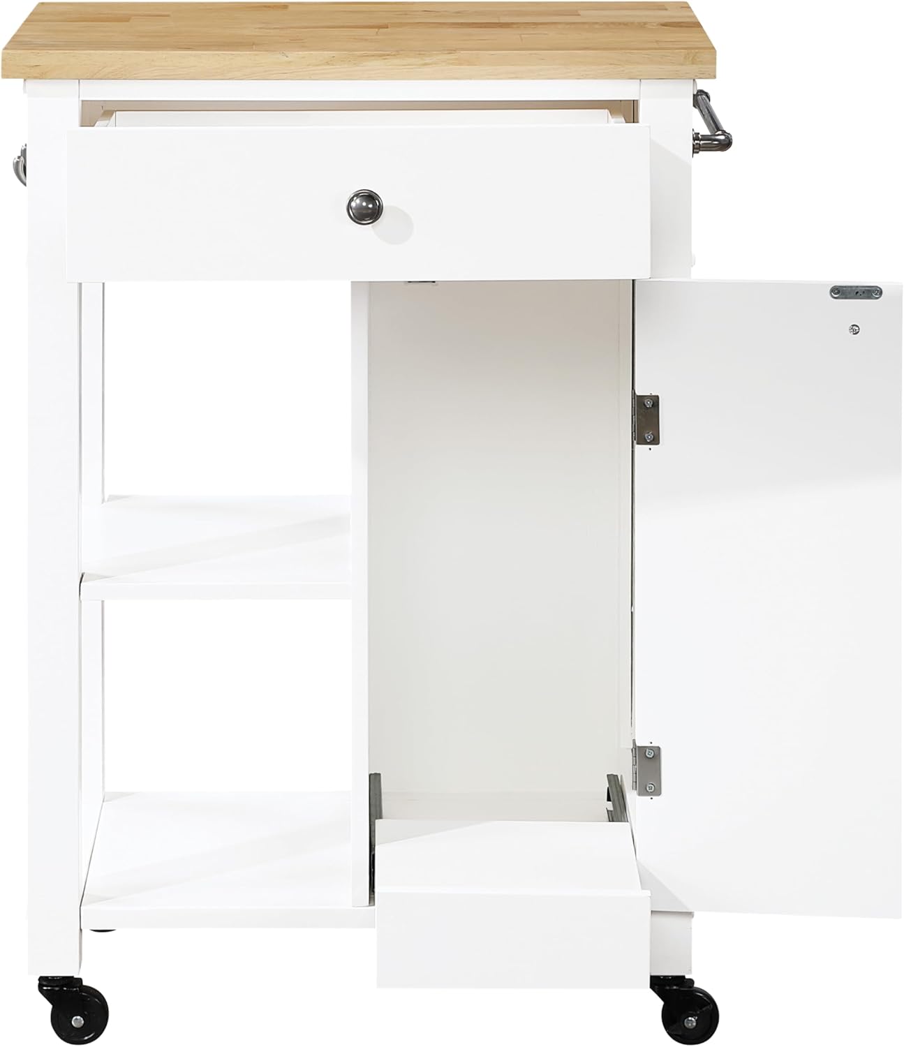 OSP Home Furnishings Derry Modern Farmhouse Kitchen Cart with Natural Butcher Block Top, Rolling Storage Cabinet with Drawer, Shelves, Hooks, White Finish