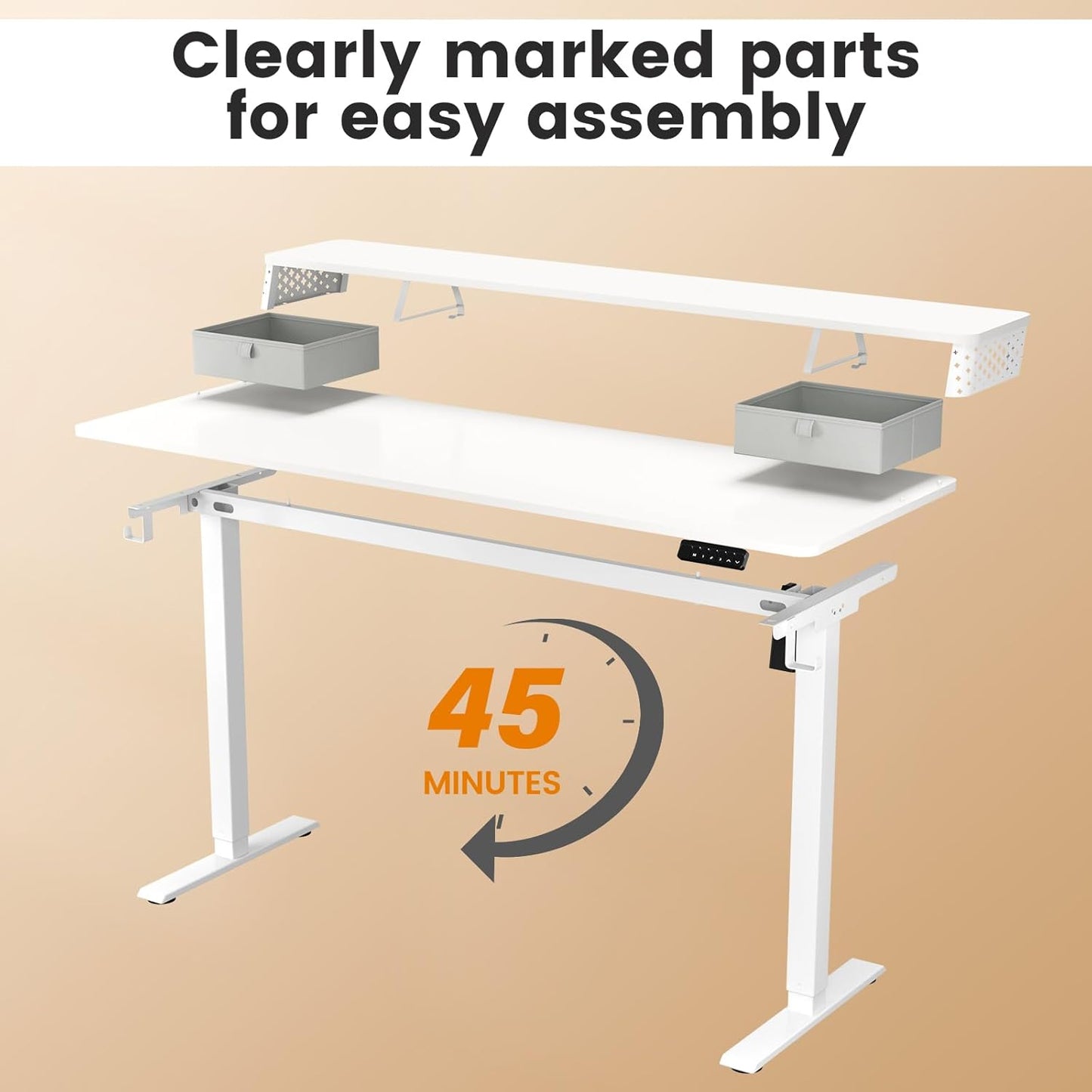 Standing Desk with Drawers and Brushless Motor,Electric Height Adjustable Desk for Walking Pad,Ergonomic Stand Up Desk for Home Office & Gaming,3 Memory Height Preset & Hooks(48" x 24",White)