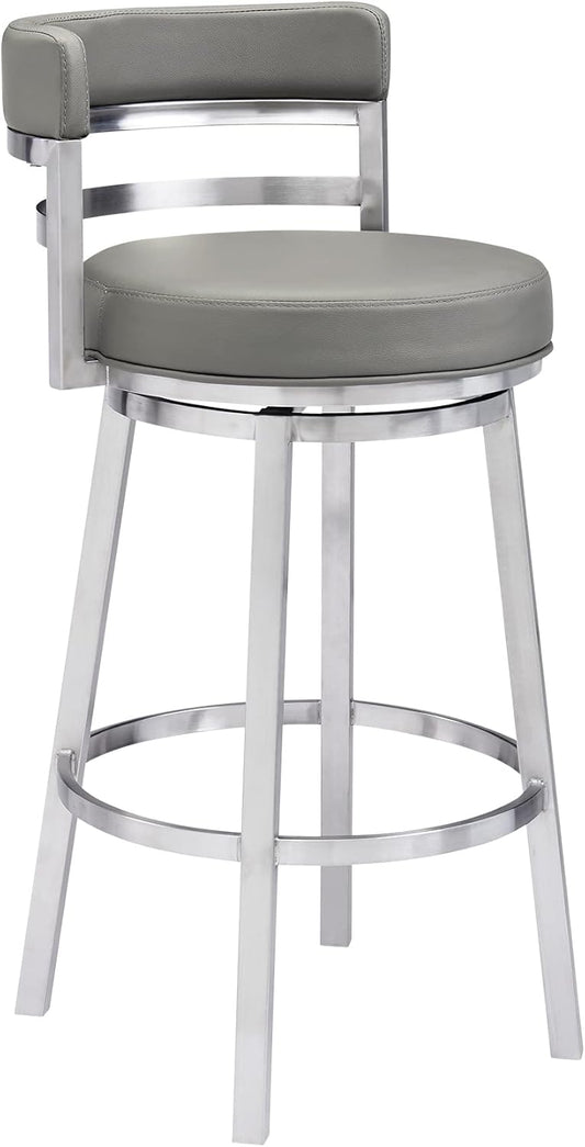 Armen Living Madrid 26" Counter Height Swivel Modern Gray Faux Leather and Brushed Stainless Steel Bar Stool for Kitchen Island Counter