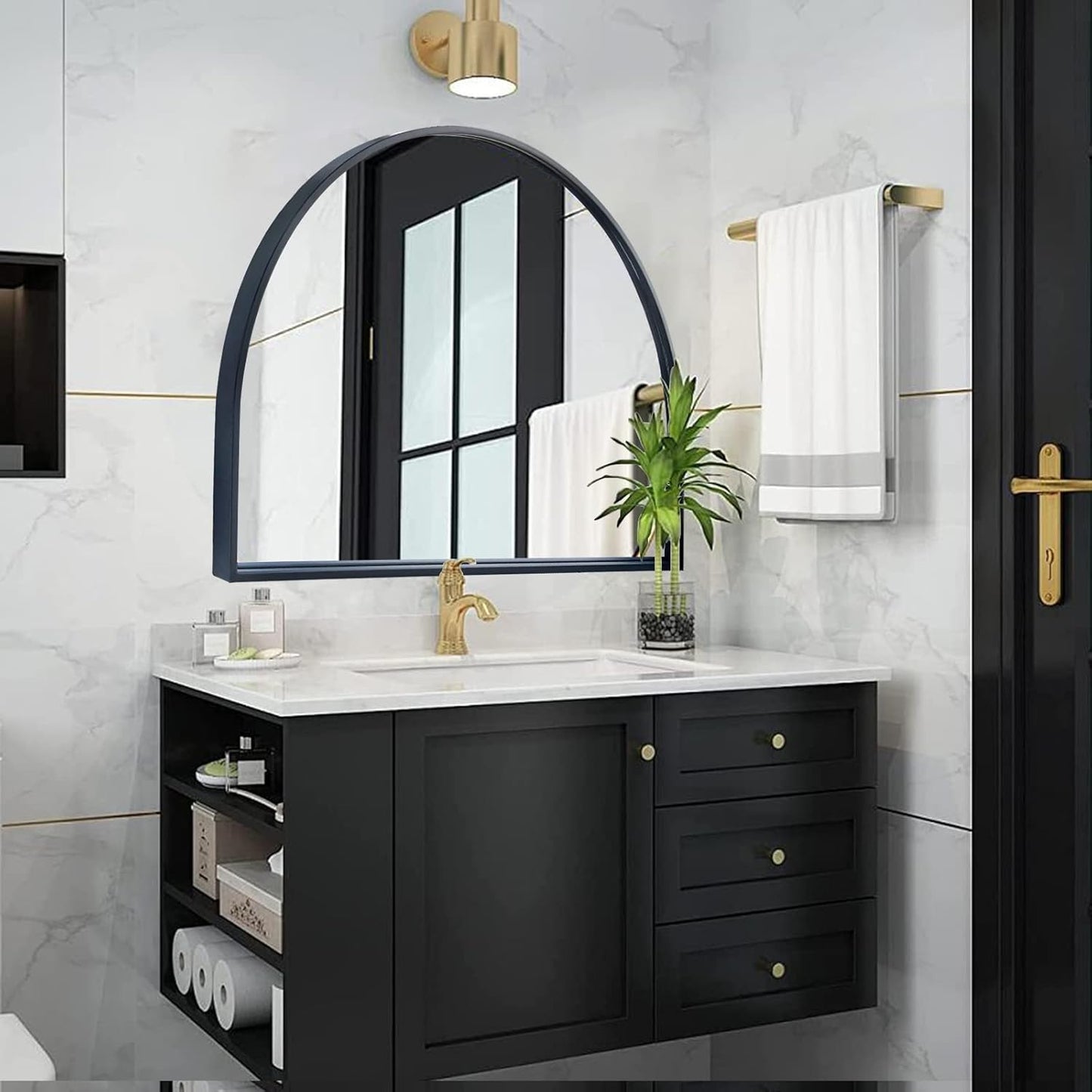 WAMIRRO Minimalist Black Arched Mirror,Large Farmhouse Bathroom Fireplace Mantel Horizontal Wide Arch Mirrors for Entryway/Living Room 26"X36"