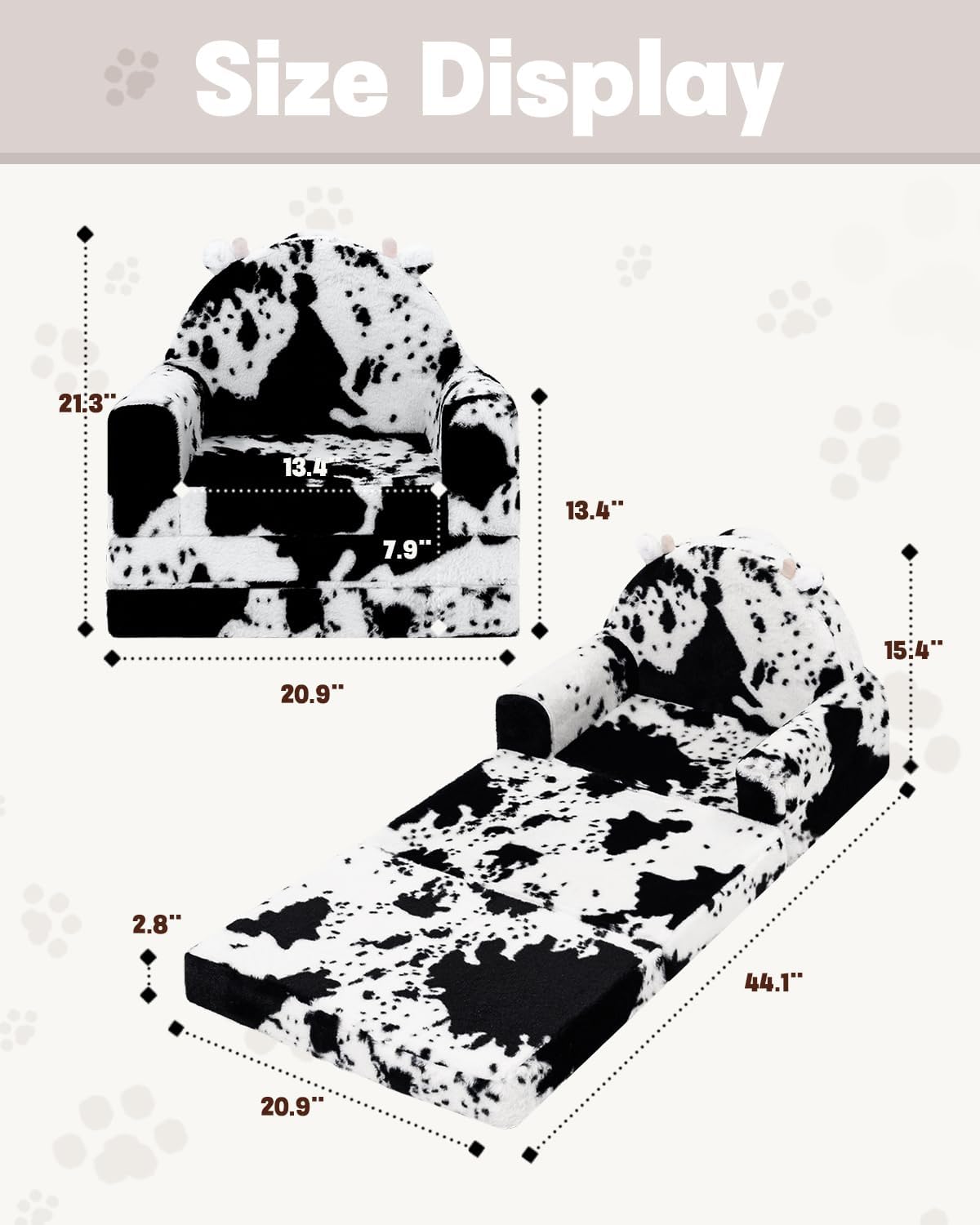 2-in-1 Toddler Chair and Couch – Soft Faux Rabbit Fur, Cow Pattern Design, Fold Out Seat for Reading & Nap, Ages 1–3