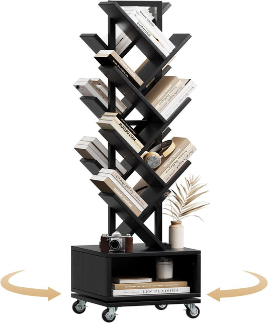 7 Tier Double Sided Rotating Tree Book Shelf, Floor Standing Wood Bookshelf with Adjustable Wheels for Narrow Space, with Storage Cabinet for Books/CDs/Magazine, Black