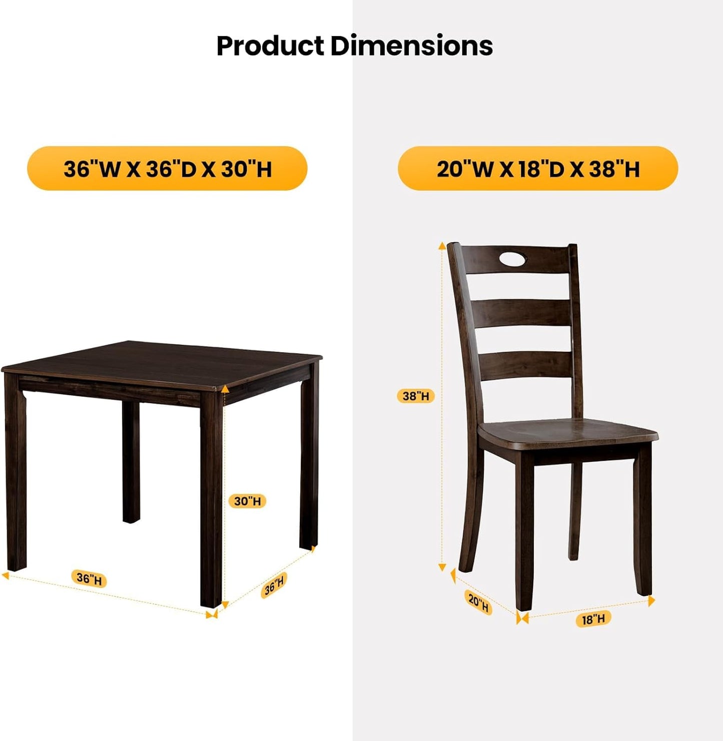 5-Piece Dining Table Set, Solid Rubber Wood Dining Room Table Set for 4, Modern Table and Chair Set for Kitchen Dining Room Restaurant Bar,Espresso