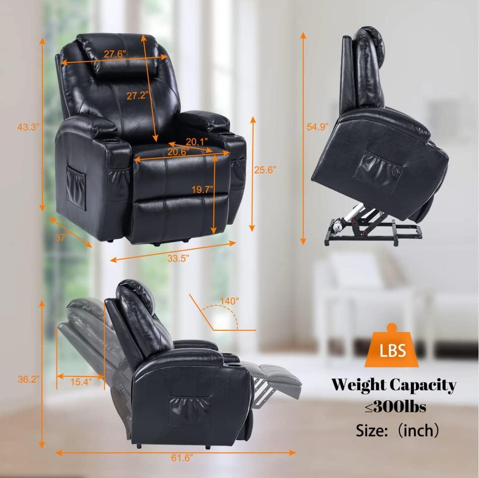 S*MAX Lift Chairs Recliners for Elderly Power Recliner Chairs Full Air Leather Electric Recliner Chairs Side Pockets USB Charge Port and Remote Control Power Lift Recliners Black