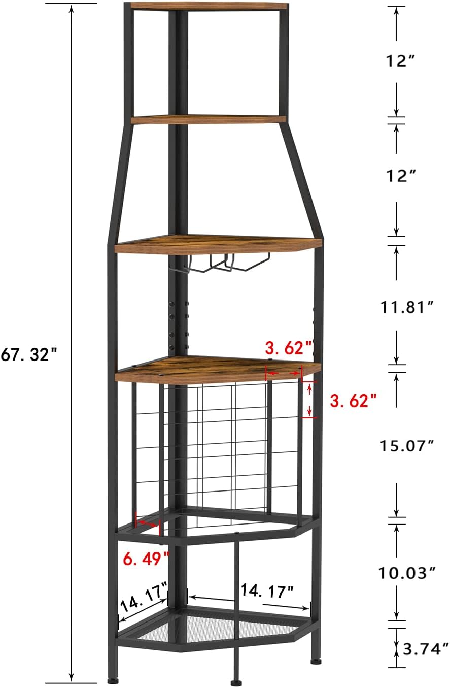 5-Tier Corner Wine Rack Floorstanding with Glass Holder and Bottles Wine Storage Home Bar Furniture for Home Kitchen Dining Room Industrial Metal and Wooden Corner Shelf
