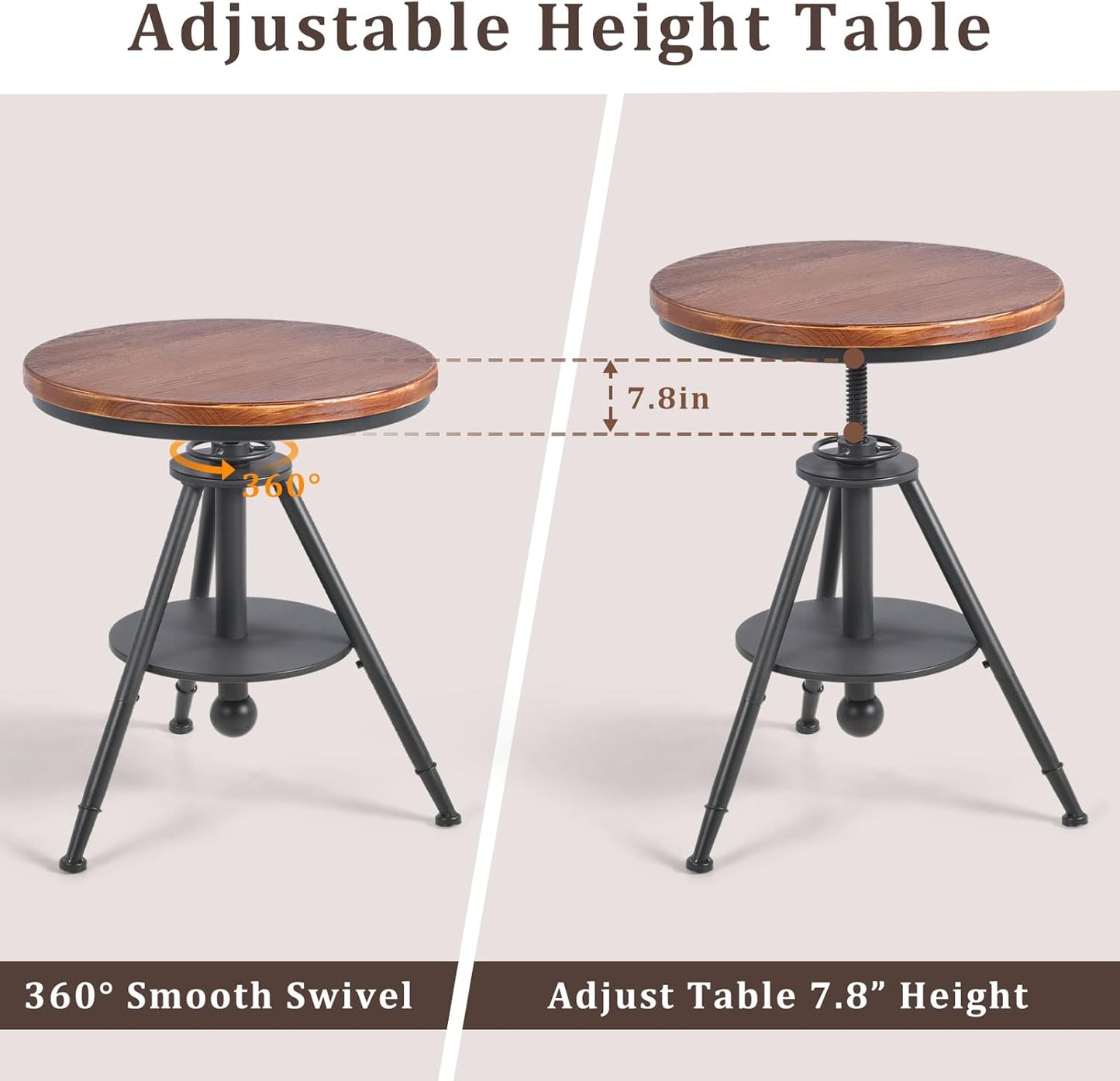 Dia 19.7" Round Pub Table Height Adjustable with 360 Swivel Solid Wood Tabletop for Dining Bistro Cafe Home Bar, Rustic Brown