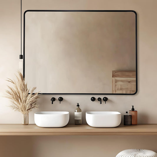 ANDY STAR 48X36 Inch Black Bathroom Mirror, Matte Black Vanity Mirrors for Wall, Rounded Rectangle Mirror for Bathroom, Seamless Tube Metal Frame, 1’’ Deep Wall Mounted Vertical/Horizontal