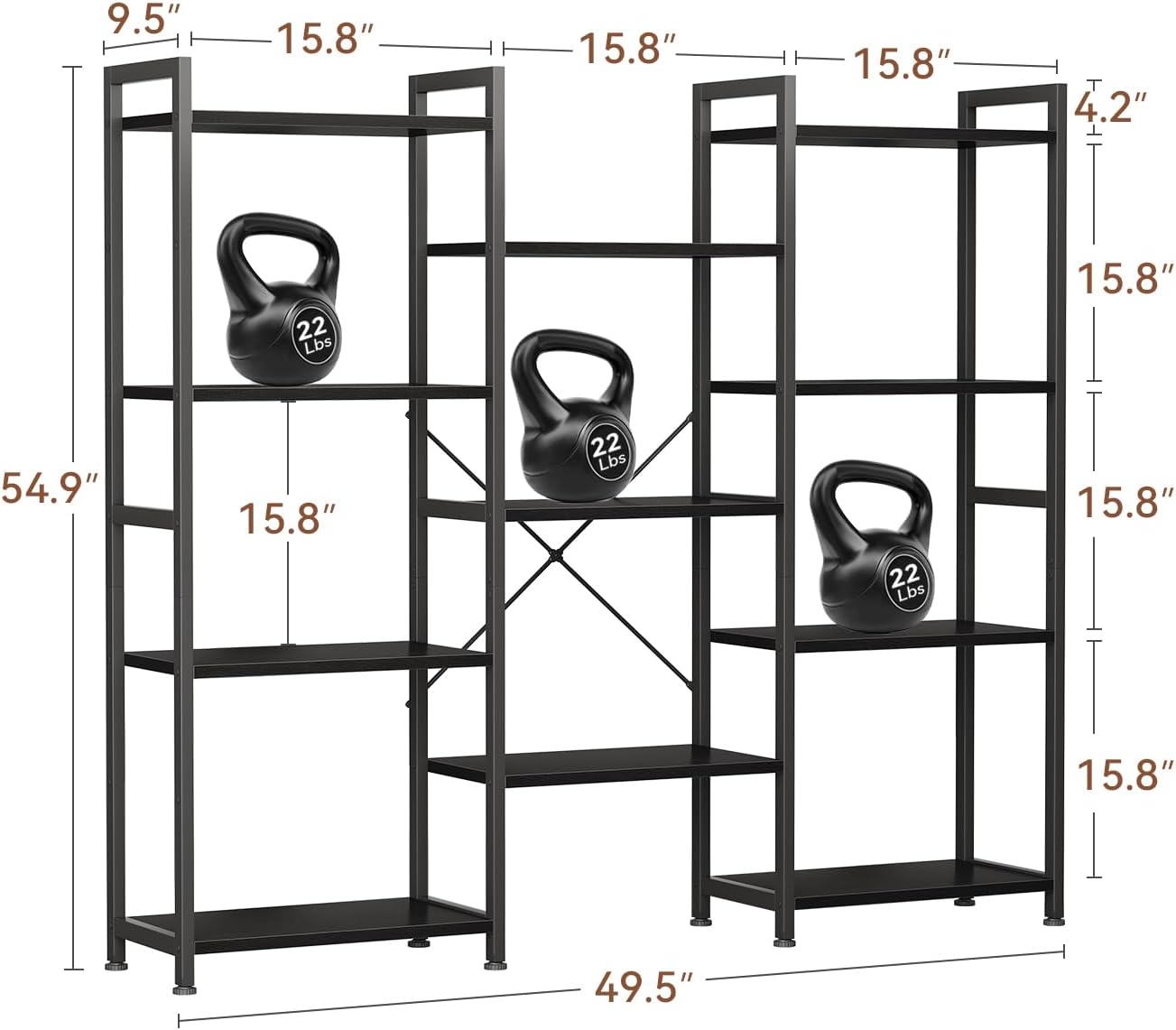Casaottima Triple 4 Tier Bookshelf, Large Bookcase with 11 Open Display Shelves, Modern Industrial Book Shelves Book Case for Bedroom, Wide Standing Shelving Unit for Living Room Home Office, Black