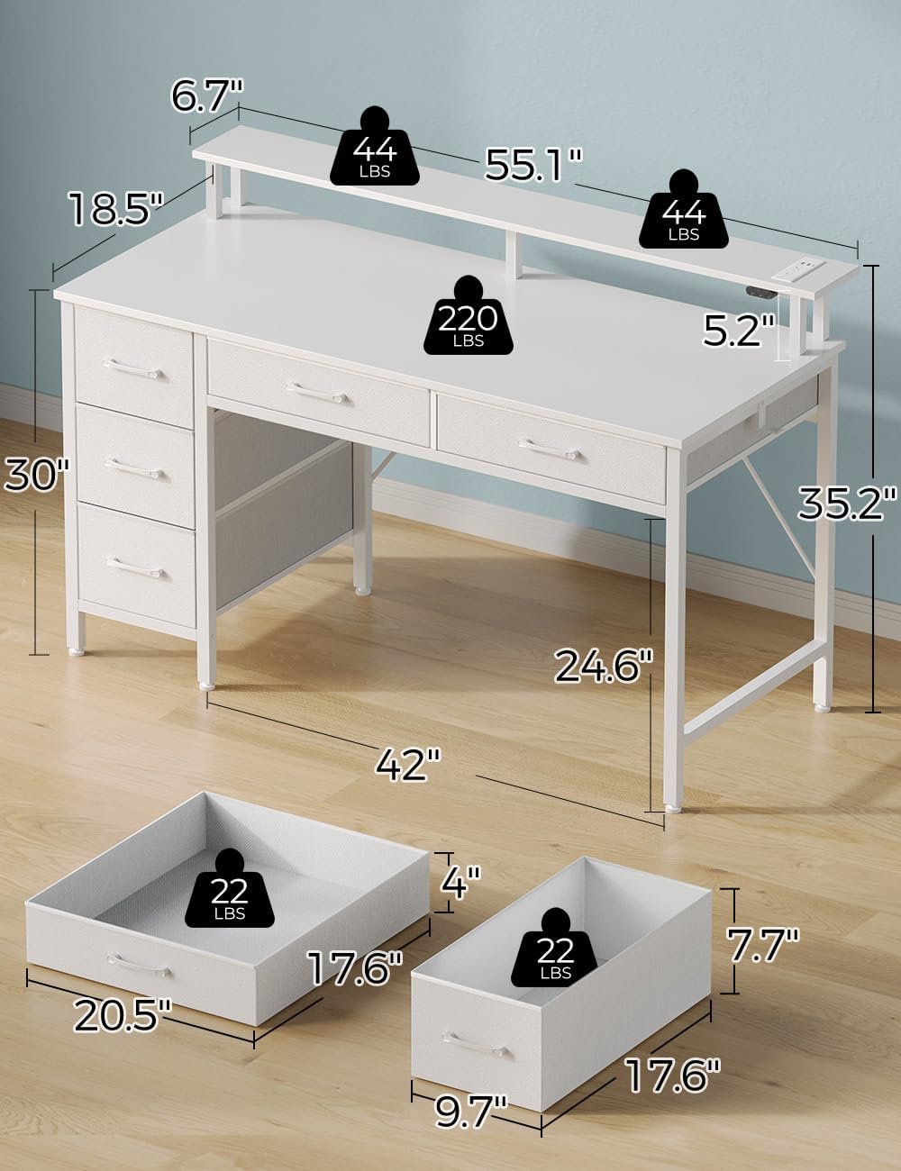 Seventable Computer Desk with Power Outlets & LED Light, 55 inch Home Office Desk with 5 Drawers, Writing Desk with Monitor Stand, Work Desk for Home Office, White