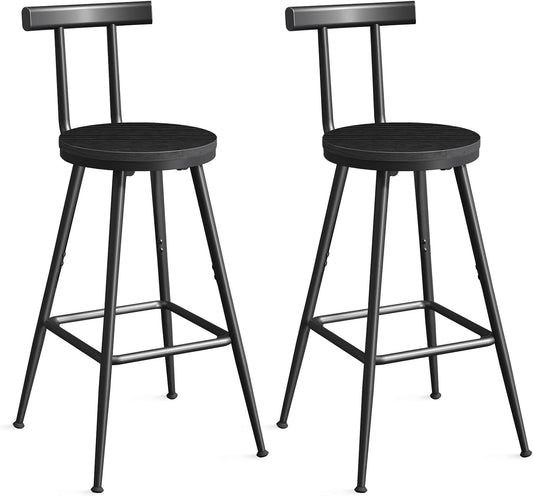 Bar Stools, Set of 2 Bar Chairs with Backrest and Footrest, 26" Tall Counter Stools, Metal Frame, Adjustable Feet, Easy Assembly, for Kitchen, Living Room, Pub, Black BAHB6001