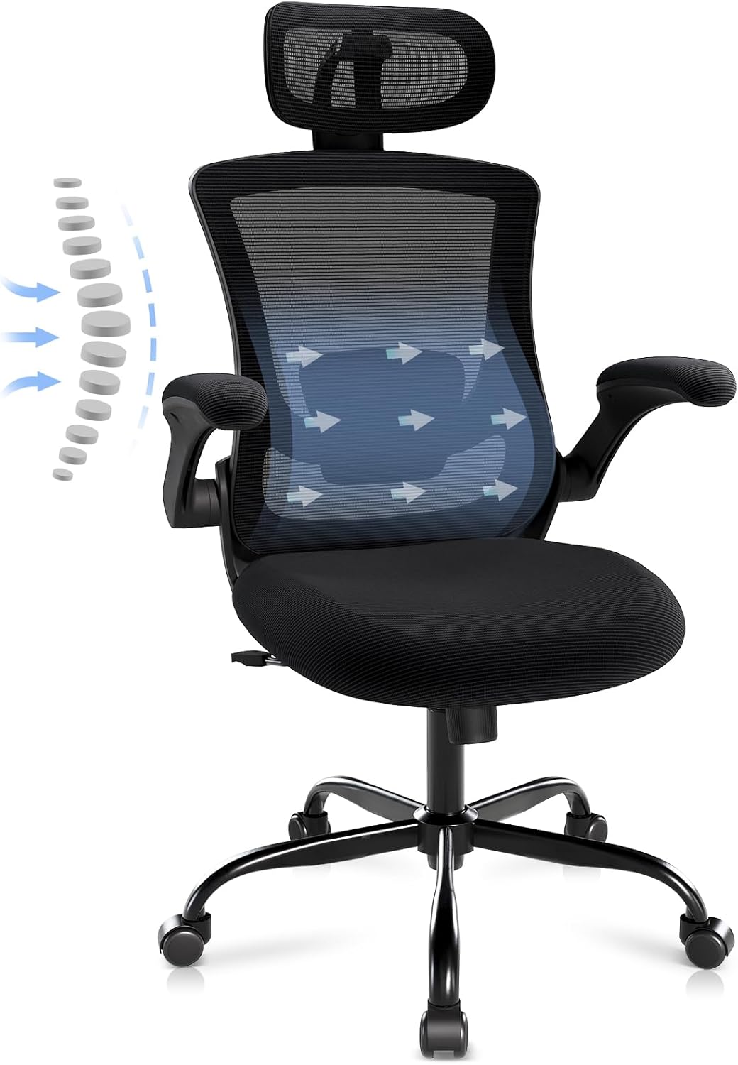 Ergonomic Office Chair with Adjustable Lumbar Support & Headrest – High Back Mesh Desk Chair with Flip-Up Armrests, Swivel Rolling Computer Chair for Home Office, Breathable & BIFMA Certified, Black