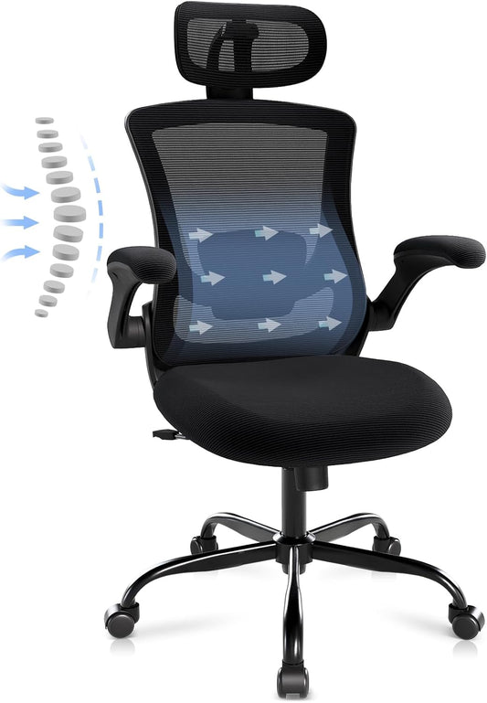 Ergonomic Office Chair with Adjustable Lumbar Support & Headrest – High Back Mesh Desk Chair with Flip-Up Armrests, Swivel Rolling Computer Chair for Home Office, Breathable & BIFMA Certified, Black