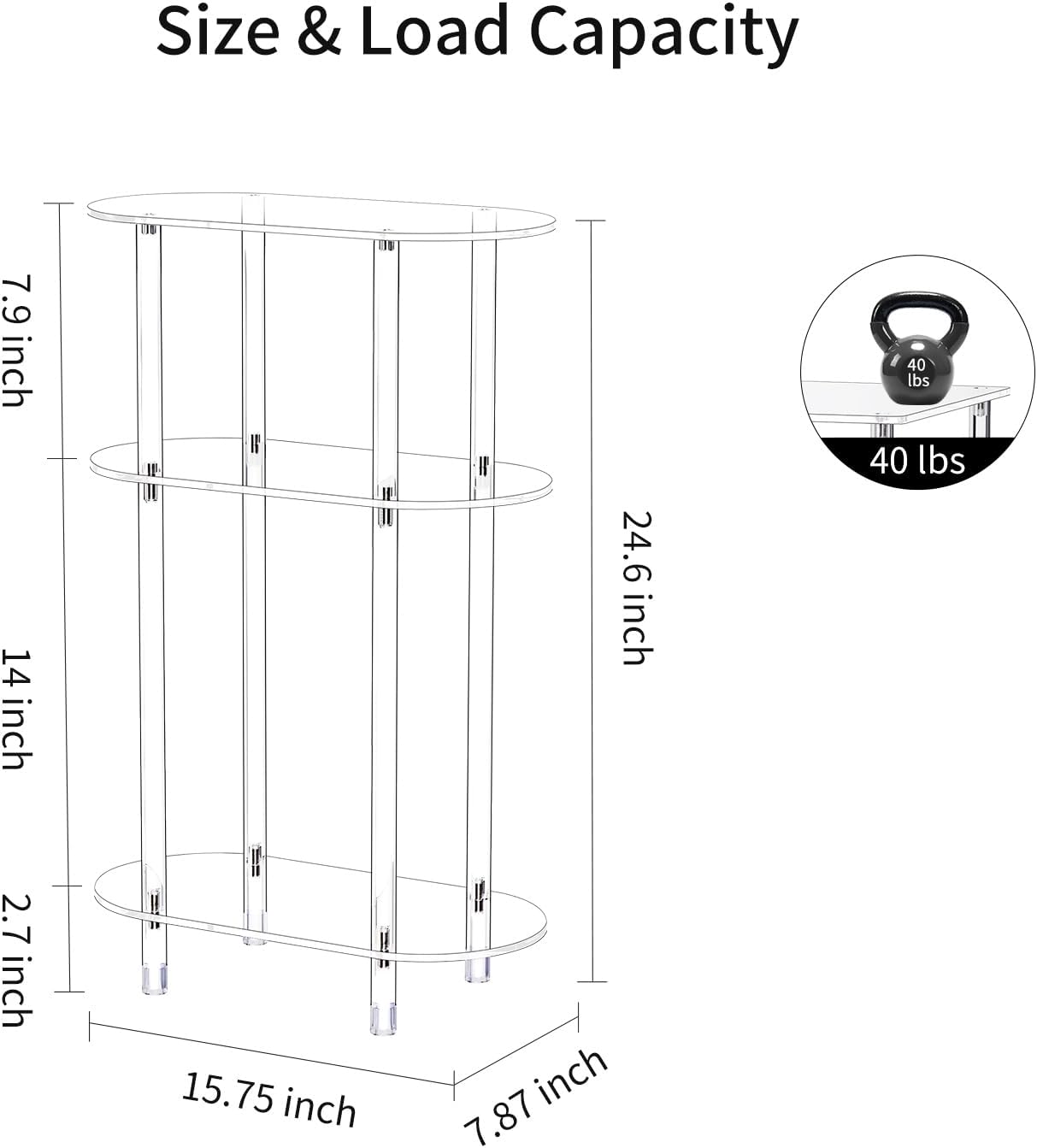Clear Acrylic Narrow Side Table for Small Spaces, 15.75" L x 7.87" W x 24.6" H, 3 Tier Oval Slim End Table Nightstand, Small Minimalist Skinny Bedside Table for Bedroom, Bathroom, Living Room