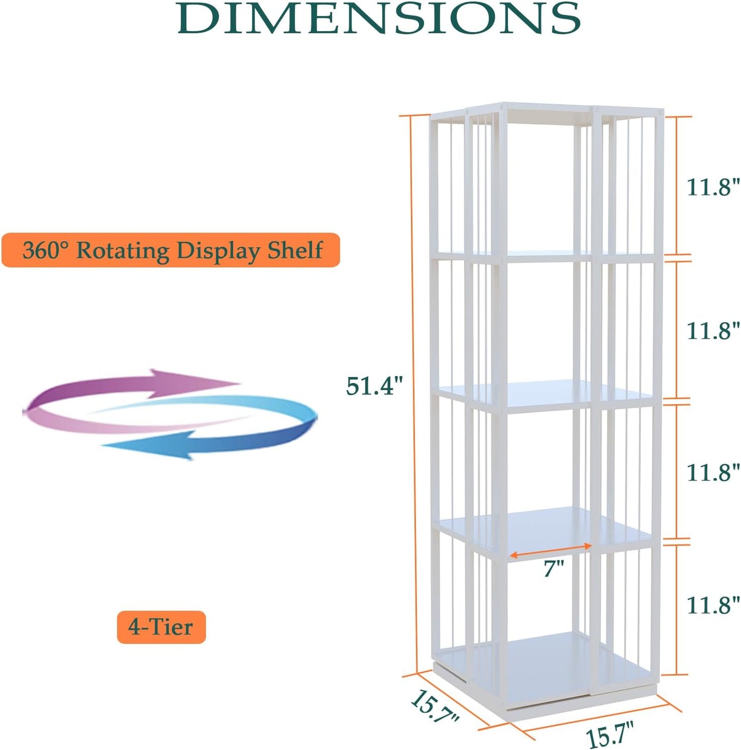 Square Rotating Bookshelf Tower - 360 Spinning Display Corner Bookcase for Narrow Space, Modern 4-Tier Revolving Storage Shelf, White