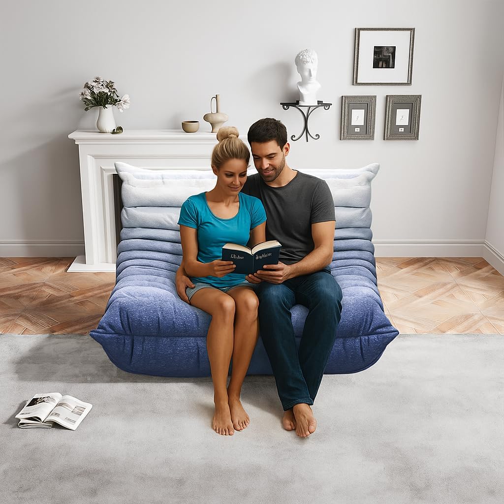 Bean Bag Chairs for Adults, Memory Foam Couch Loveseat Sofa Chair, Soft Teddy Material Cozy Comfy Reading Nook Chairs, Floor Chair for Living Room Bedroom Office(Blue-White)