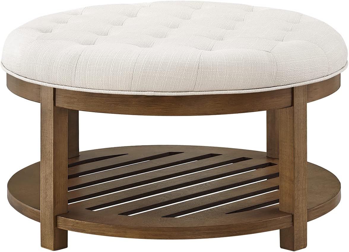 24KF Large Round Upholstered Tufted Linen Ottoman Coffee Table, Large Footrest Ottoman with Wood Shelf Storage-Ivory