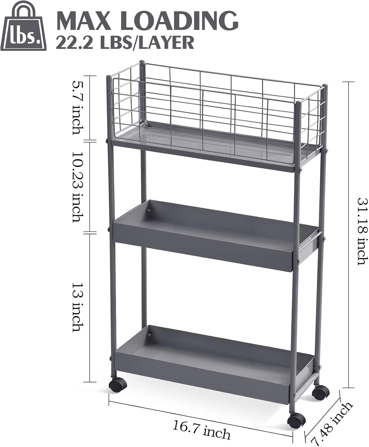 KINGRACK Slim Storage Rolling Cart, 3-Tier Metal Utility Cart with Wheels, Rolling Storage Cart, Skinny Storage Rolling Cart, Storage Trolley Cart for Office Kitchen Bathroom Narrow Place, Grey
