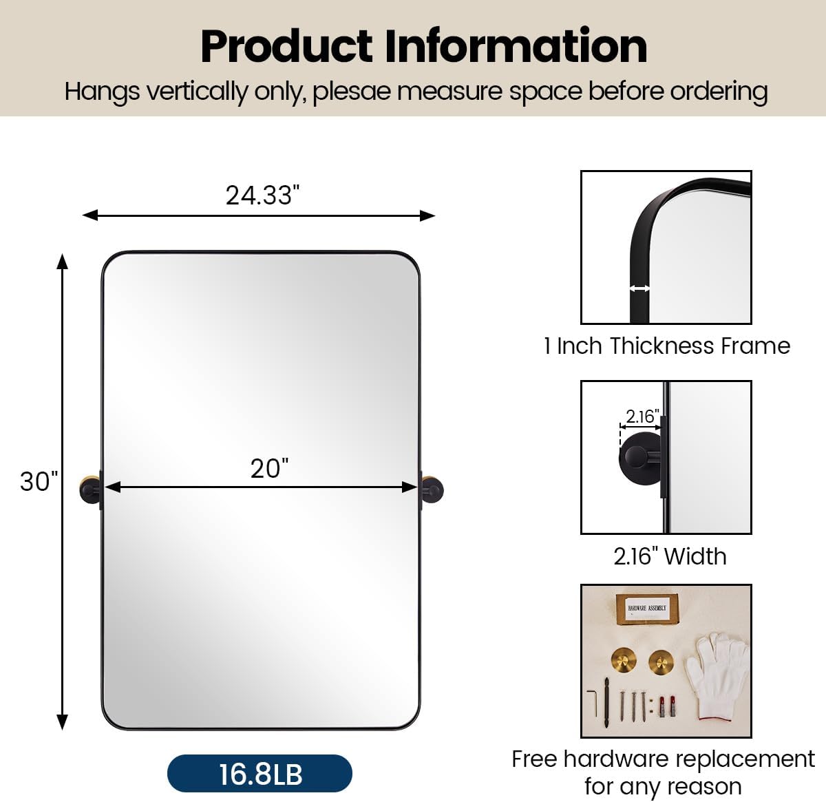 MOON MIRROR Matte Black Pivot Mirror Bathroom, Tilt Rounded Rectangular Bathroom Vanity, Overall 24.33x30 in (Mirror 20x30 in)