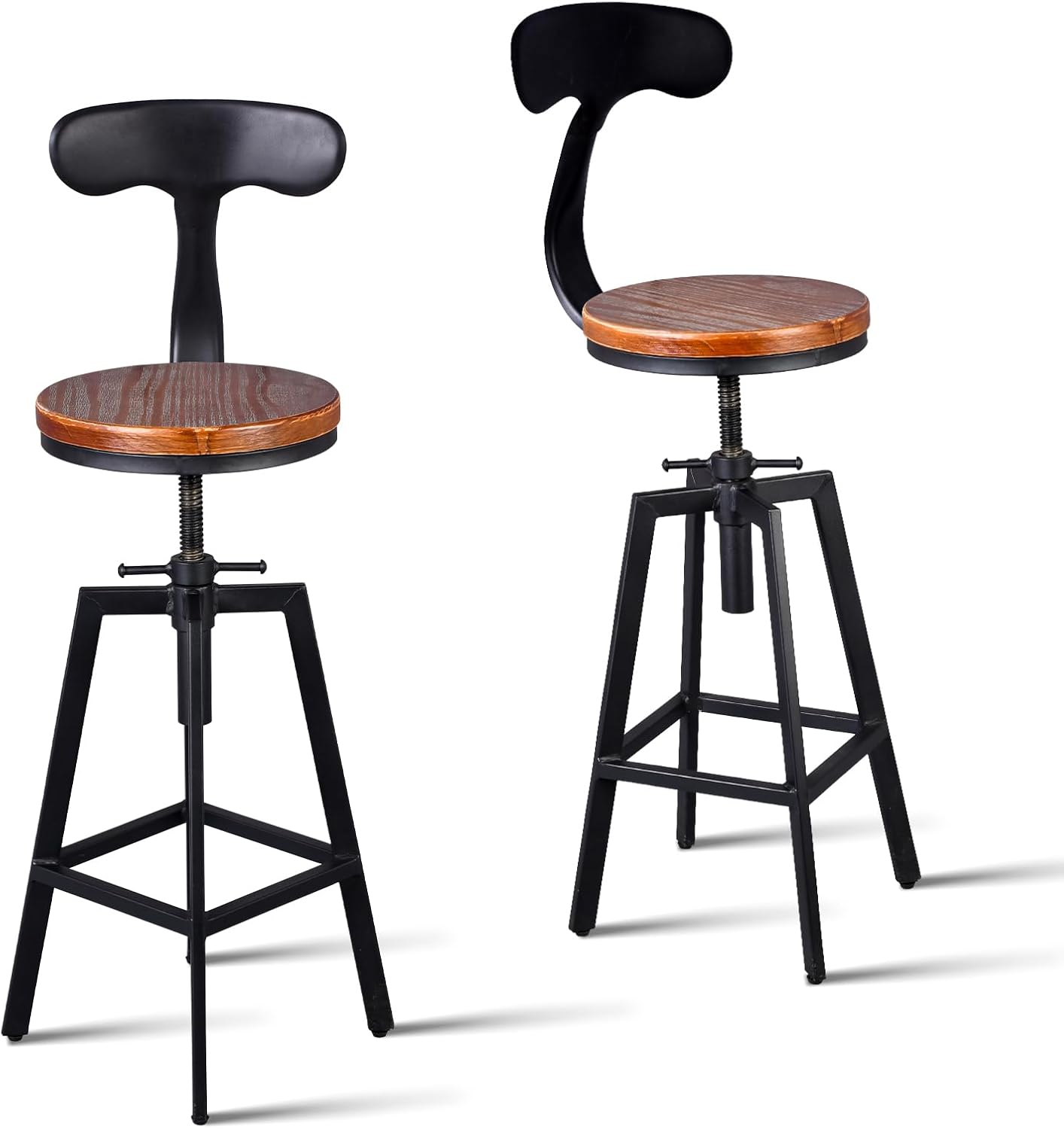 Diwhy Industrial Bar Stools,Kitchen Dining Chair,Wood Top Stool,Adjustable Height Swivel Counter Height Bar Chair with Metal Backrest,Black,Fully Welded Set of 2 (Brown Wooden Top with Iron Backrest)