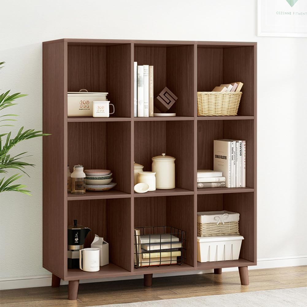 IOTXY Open Cube Low Bookcase - 3-Tier Freestanding Storage Display Cabinet Organizer with Legs for Home Office, 9-Cubes Open Shelf Short Bookshelf, Walnut