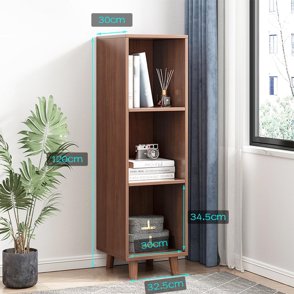 IOTXY Open Cube Low Bookcase - 3-Tier Freestanding Storage Display Cabinet Organizer with Legs for Home Office, 3-Cubes Open Shelf Short Bookshelf, Walnut