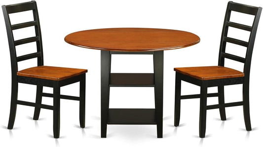 East West Furniture SUPF3-BCH-W 3 Piece Dining Room Furniture Set Contains a Round Kitchen Table with Dropleaf & Shelves and 2 Dining Chairs, 42x42 Inch, Black & Cherry