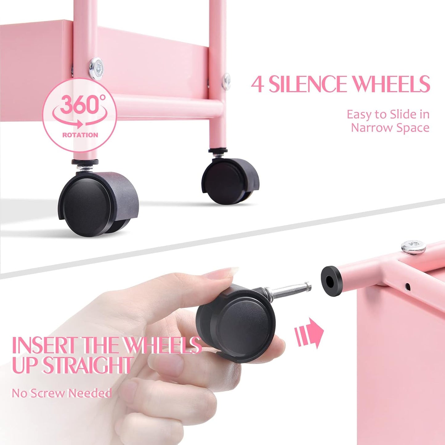 KINGRACK 3-Tier Rolling Utility Cart with Wheels, Metal Slim Storage Cart, Bathroom Multifunctional Storage Organizer, Mobile Shelving Unit for Kitchen, Office, Laundry Room, Narrow Place, Pink