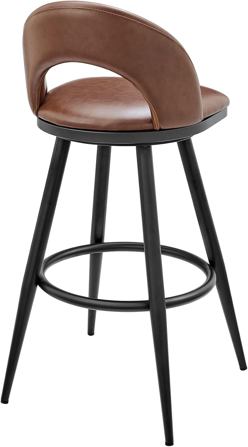 Armen Living Charlotte Swivel Counter Stool in Black Metal and Brown Faux Leather