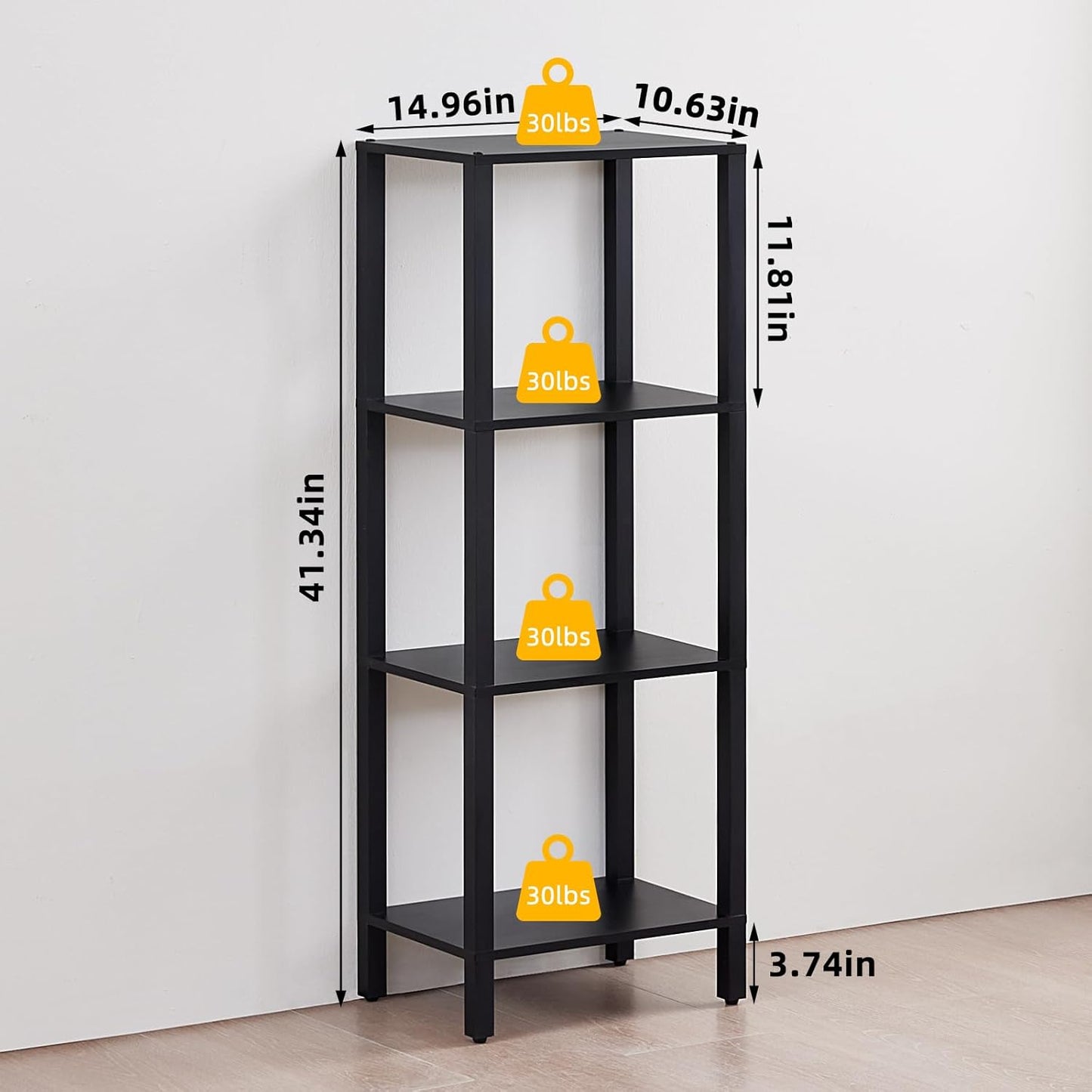 4 Tier Tall Wooden Bookshelf with Storage - Small Bookcase for Small Spaces, Shelf for Living Room, Office, Bedroom, Kitchen - Industrial Modern Black Book Shelf