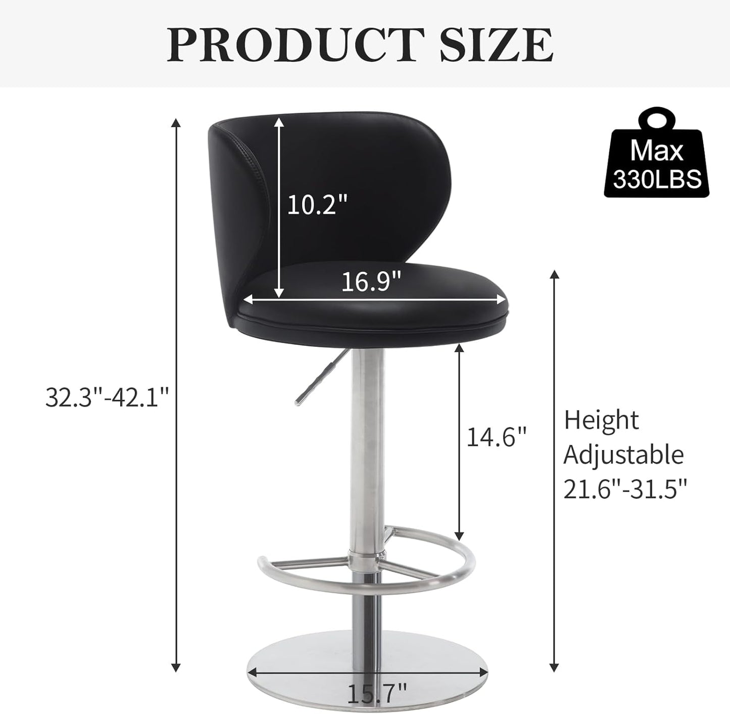 RAINMOOD Bar Stools,Adjustable Stainless Steel Swivel Barstools,Faux Leather Upholstered Bar Chair with Back and Footrest, for Bar, Kitchen Counter, Dining Room