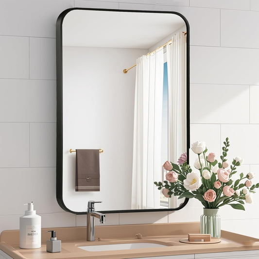 Black Bathroom Mirror, 48x30 Inch Matte Black Mirror, Aluminum Alloy Framed Vanity Mirror, Rounded Rectangle Bathroom Mirror for Over Sink, Anti-Rust Wall Mirror (Horizontally or Vertically)