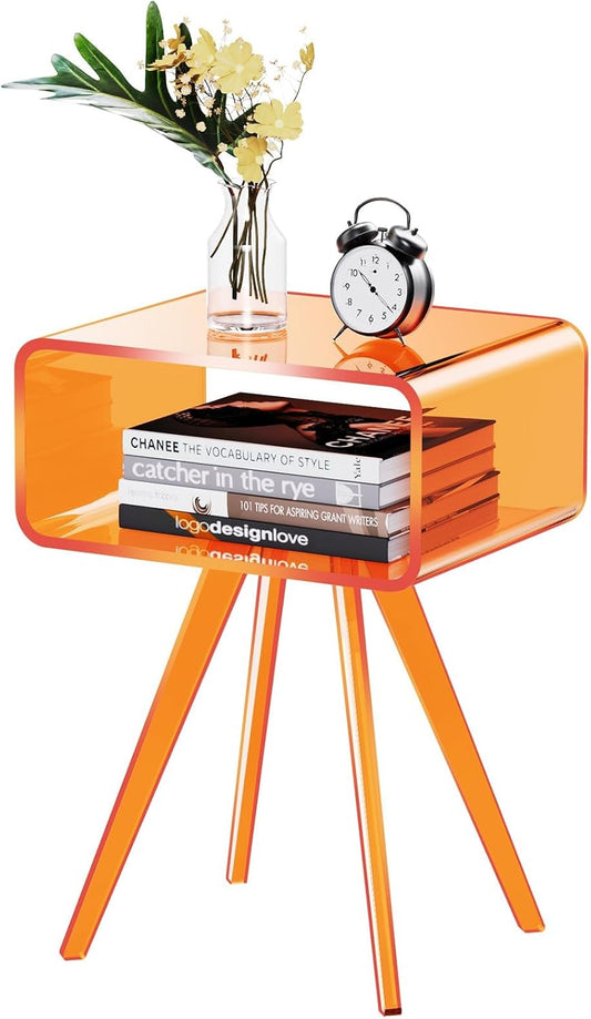 Acrylic Side Table, Acrylic Nightstand Bedside Table for Bedroom (Orange, 16.5'' x 11.8'' x 21.6'')
