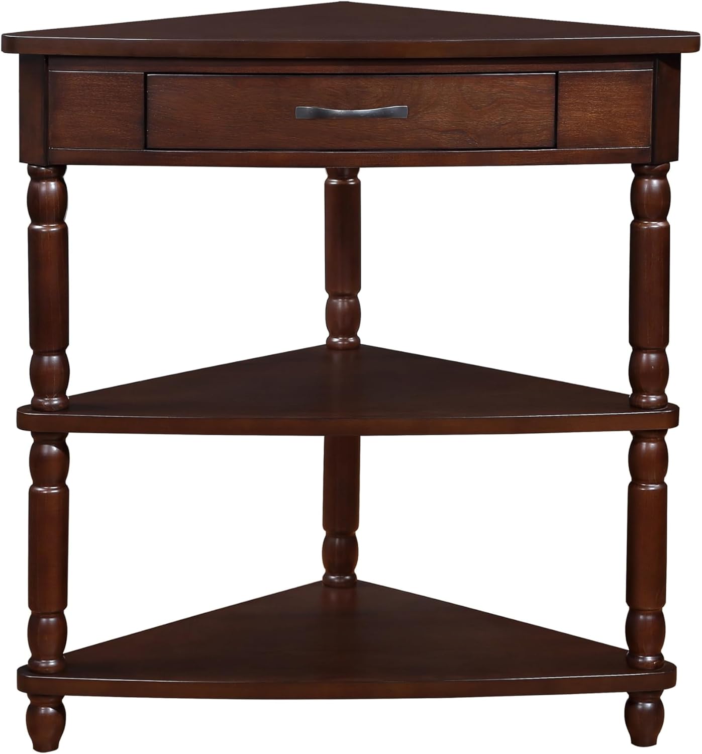 GDFStudio Trmxmbi 3 Tier Corner Console Table with 1 Storage Drawers and Shelves, 33.8'' Rustic Wood Triangle Sofa End Table for Small Spaces, Solid Wood Legs, Light Espresso