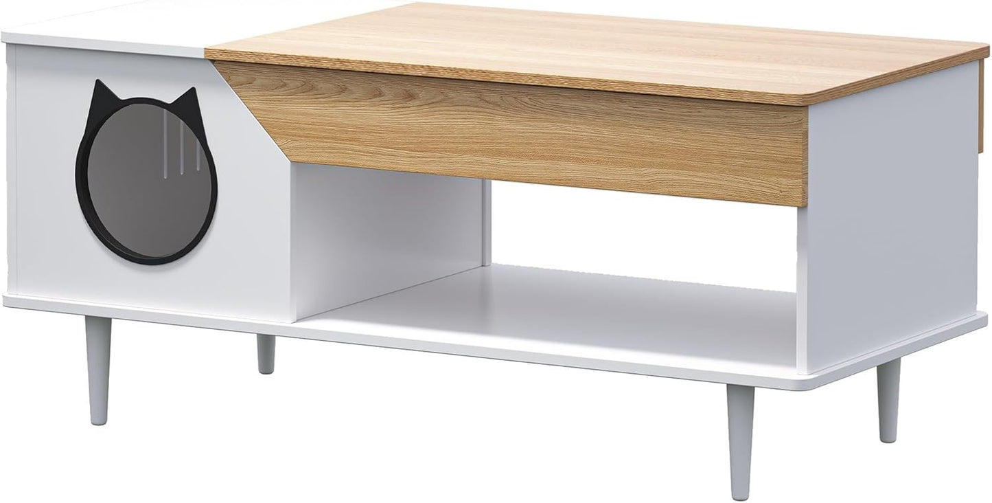 GAOMON White Coffee Table 45'' Cat Living Room Tables with Storage Drawer, Wooden Rustic Coffee Table with Cat House, Multifunctional Hidden Kitty Litter Box Furniture