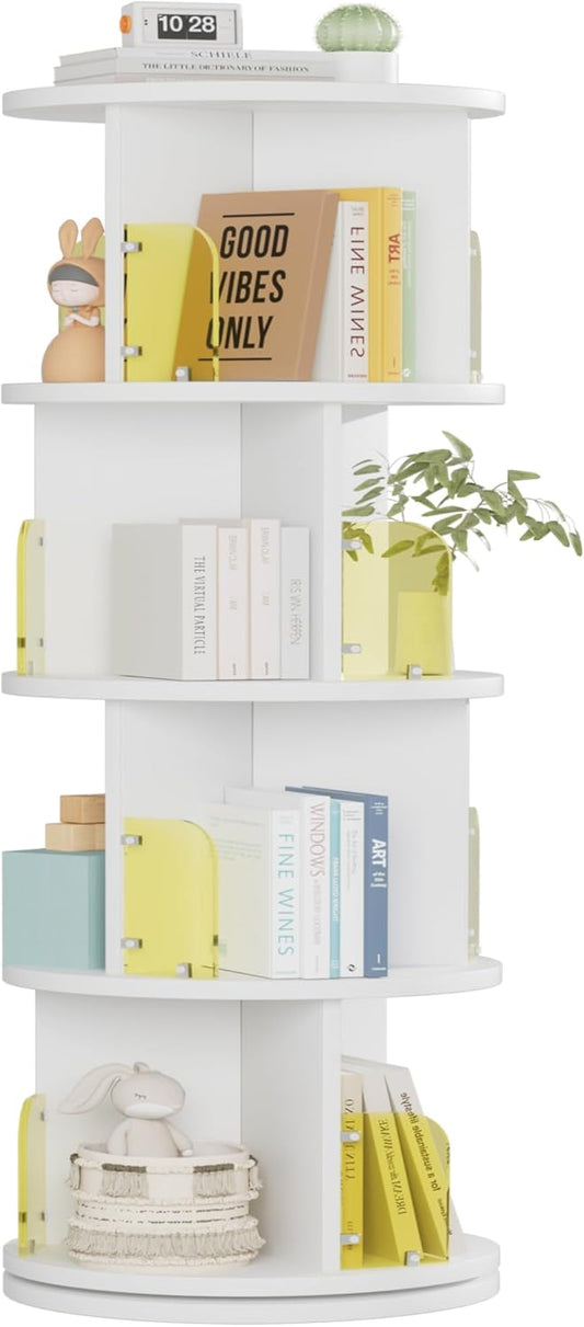 VECELO Rotating Bookshelf Tower, 360°Spinning Bookcase, Modern Tall Book Shelf Storage Display Rack Floor Standing, 4-Tier Swivel Storage Rack for Kids&Adults Solid Wood, White