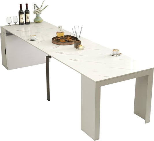 Expandable Dining Table, Convertible Table for Dining Room, Kitchen and Small Spaces, for 2-10 People(with Storage Cabinet and Outlet), White Marble