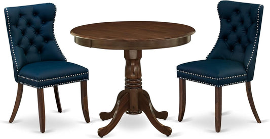 East West Furniture ANDA3-AWA-29 3 Piece Kitchen Table & Chairs Set Includes a Round Dining Table with Pedestal and 2 Polyester Fabric Upholstered Chairs, 36x36 Inch, Antique Walnut